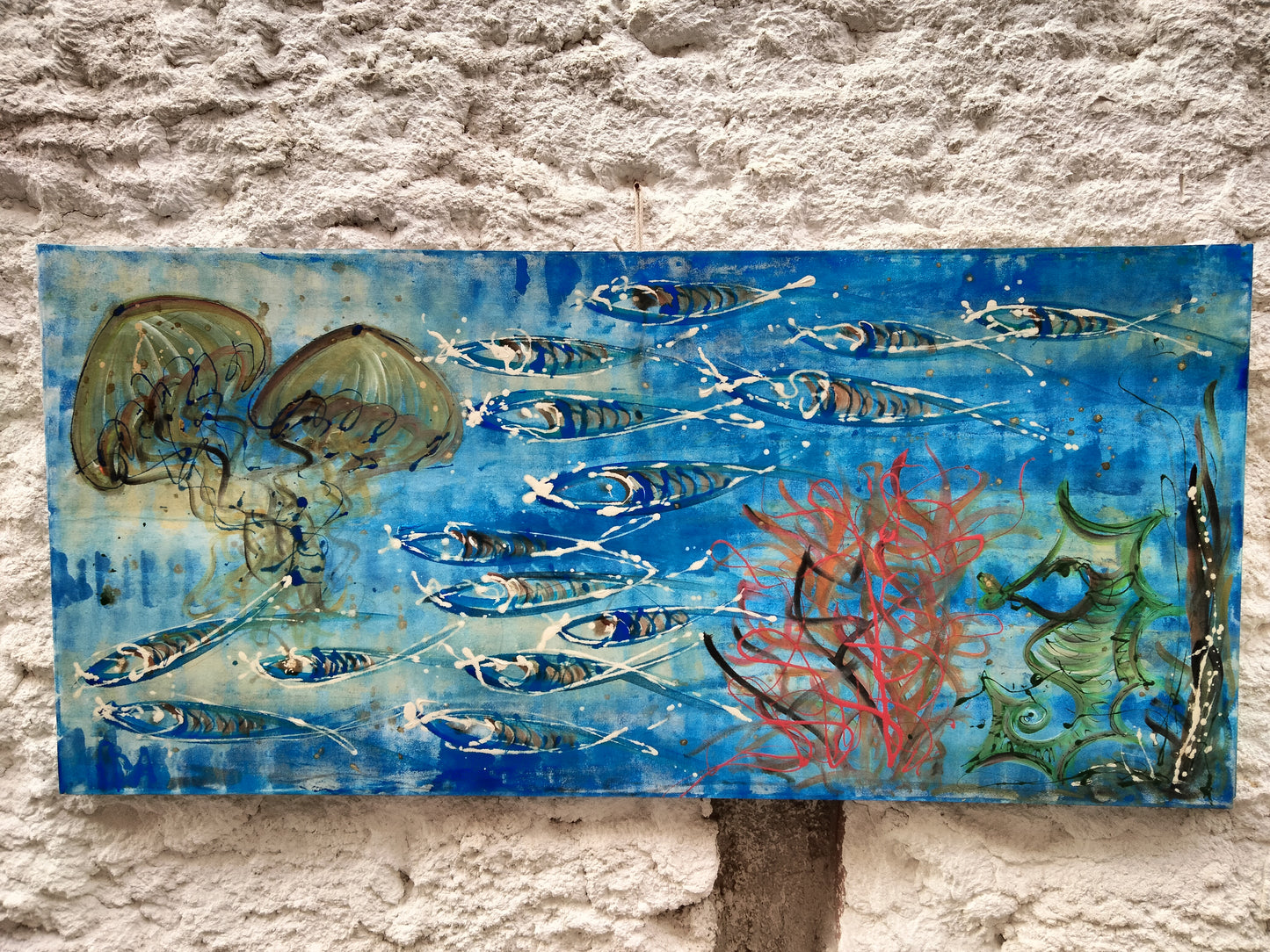 Tela antica sostenibile su telaio in legno acquario tema marino big artwork